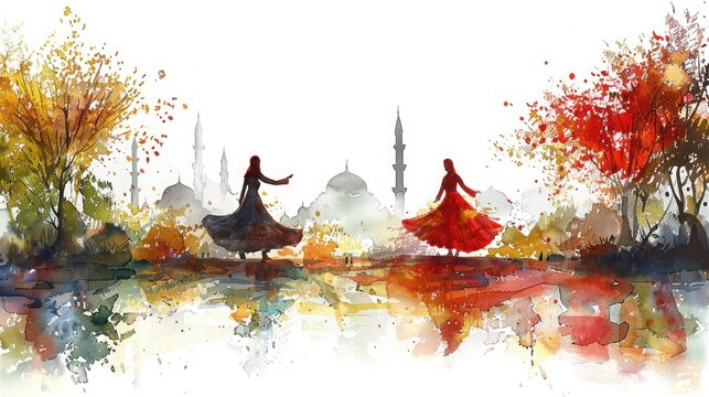 Red Whirling Dervishes Watercolor Abstract Painting