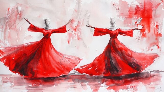 Colorful Watercolor Whirling Dervishes Performing Sufi Dance