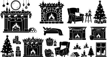 Fototapeta premium Christmas Fireplace and Living Room Silhouette Set – Cozy Home, Armchair, Holiday Decor Icons 