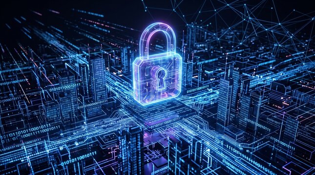 Futuristic cyber security padlock over glowing digital city database network.