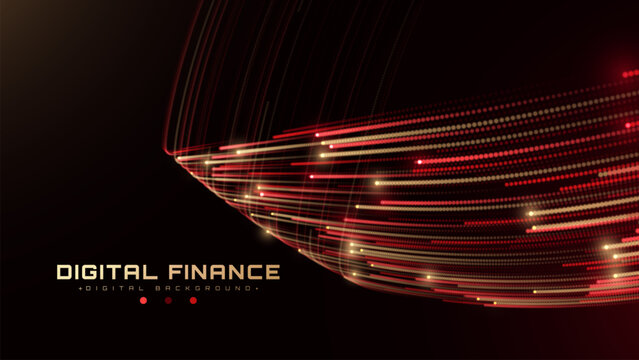 Modern Digital Technology Background With Abstract Gold Neon Glow Curve Line Motion Into Dark Red For Fast Speed Economy Data Transaction Luxury Design Concept And Trade Market.