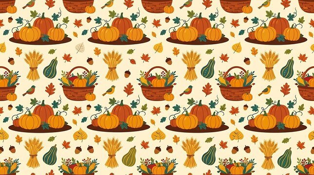 Autumn harvest seamless pattern with pumpkins and baskets