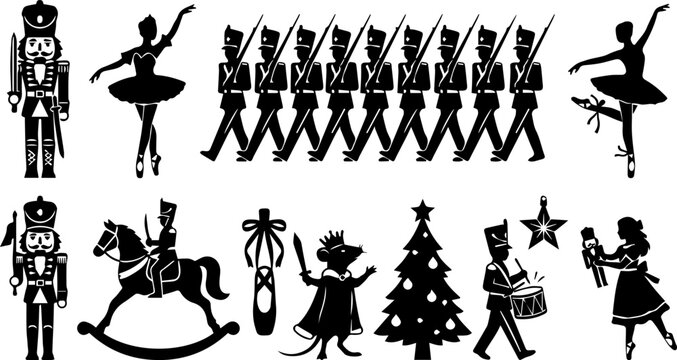 Nutcracker and Toy Soldier Silhouette Set &ndash; Christmas Parade, Marching Guard, Holiday Icons
