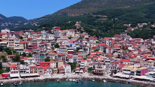 Parga Greek mainland town, aerial view of a mainland coastal town in Greece