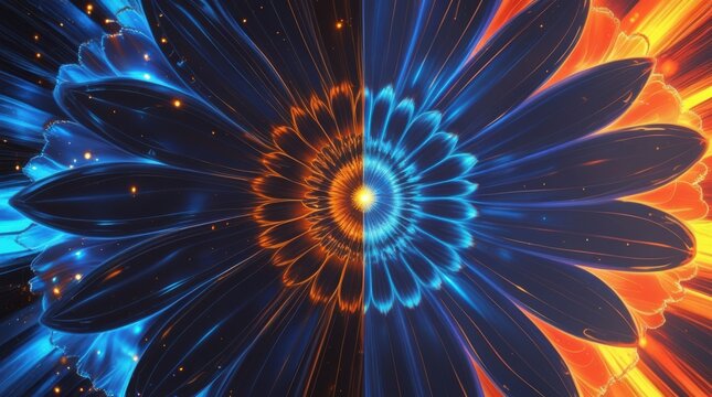 Abstract flower design with glowing blue and orange light effects