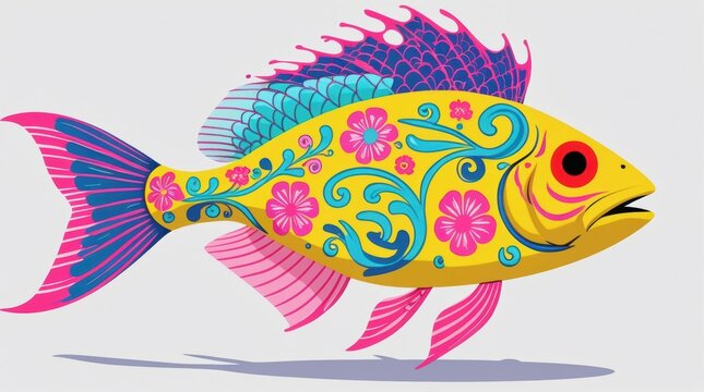 Colorful tropical fish with floral patterns on a white background
