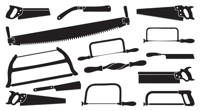 Collection of various hand saws and carpenter cutting tools silhouettes.