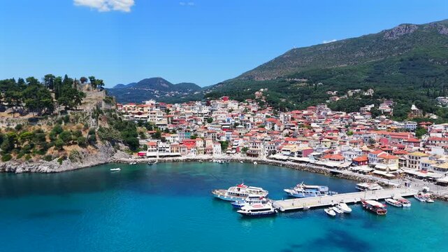 Parga Greek mainland town, aerial view of a mainland coastal town in Greece