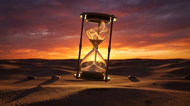 Glowing hourglass floating above desert dunes at sunset