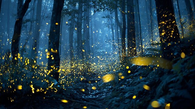 Bright fireflies glowing in a dark blue forest at night