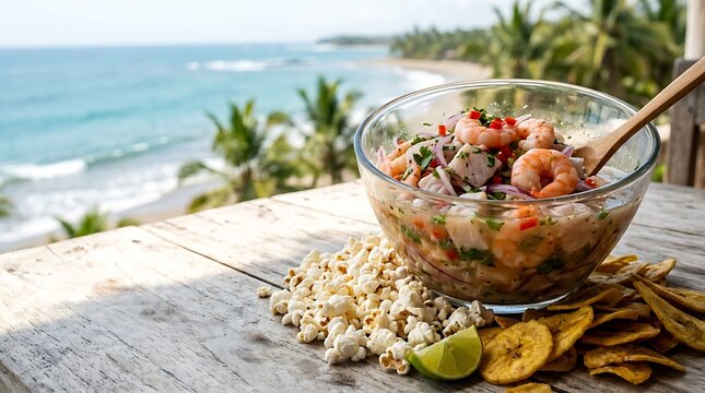  Ecuadorian ceviche in deep transparent glass bowl, positioned in the upper right third on a light beach wood table