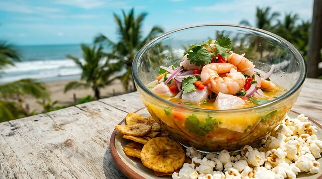  Ecuadorian ceviche in deep transparent glass bowl, positioned in the upper right third on a light beach wood table