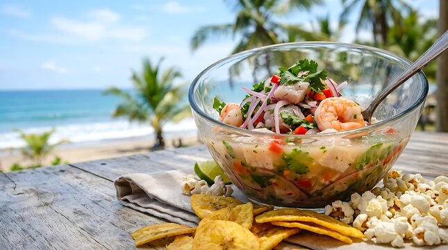 Ecuadorian ceviche in deep transparent glass bowl, positioned in the upper right third on a light beach wood table