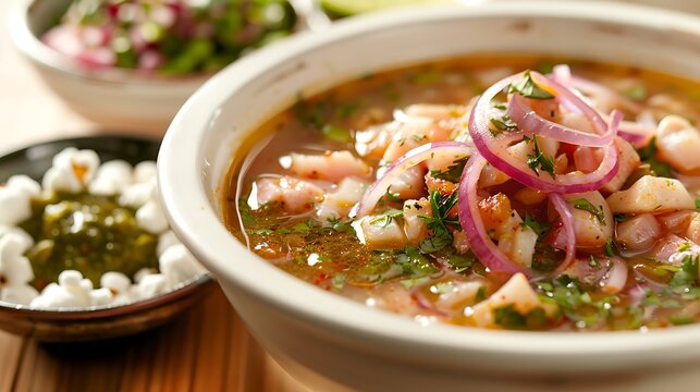 encebollado in deep white ceramic bowl, positioned center-left on a light coastal breakfast wood table