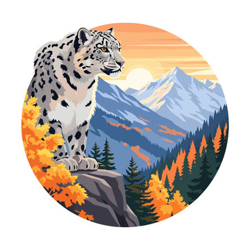 Snow leopard vector illustration in a circular badge frame looking over majestic mountain peaks at sunset