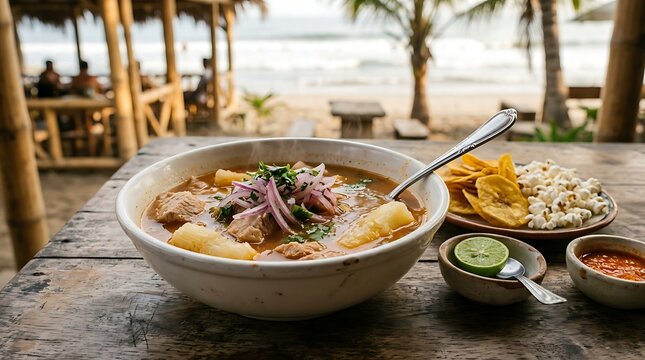 encebollado in deep white ceramic bowl, positioned center-left on a light coastal breakfast wood table