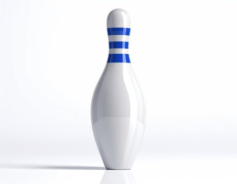 A solitary white bowling pin with blue stripes stands against a bright white background
