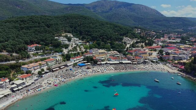 Parga Greek mainland town, aerial view of a mainland coastal town in Greece