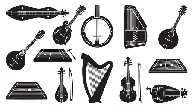 Illustration of various stringed musical instruments for music and entertainment.