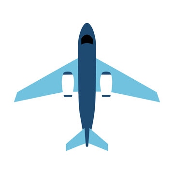 Minimalist top-down icon of a sleek twin-engine private jet airplane with solid color blocks and clean edges on a white background, simple aviation concept