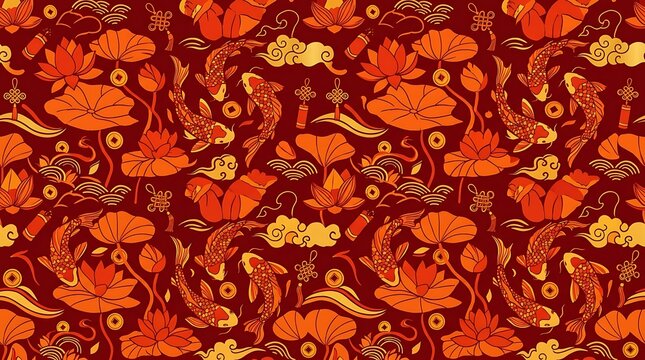 Seamless pattern with koi fish and lotus flowers in chinese style