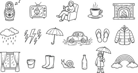 Cozy rainy day icon set containing umbrella fireplace rain clouds rainbow window and boots line art doodle illustration vector © MdAnarulIslam