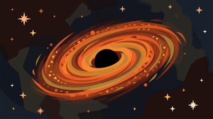 Fiery Orange Black Hole Vector Illustration with Swirling Accretion Disk, Deep Space Cosmic Phenomenon, Glowing Stars and Dark Nebula Background, Flat Graphic Design Style for Science Concept © 정 신희