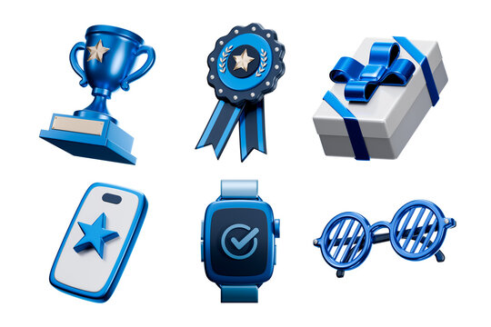 Glossy Blue Metallic 3D Icon Set Collection for Social Media Special Father's Day. Realistic 3D High quality isolated render.