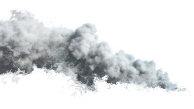 Dense billowing gray smoke plume spreading horizontally in a dynamic cloud formation captured as a high resolution cutout on transparent background with horizontally