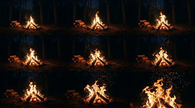 Sequence of a burning campfire in a dark forest at night