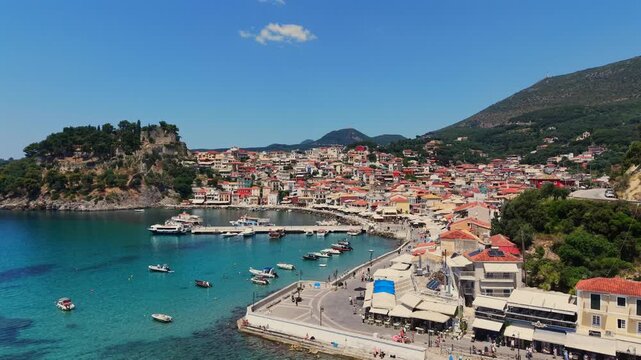 Parga Greek mainland town, aerial view of a mainland coastal town in Greece