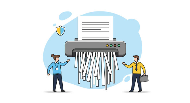 Two office employees using a large paper shredder to destroy sensitive documents for data protection and security management.