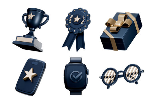 Dark Navy Blue Metallic 3D Icon Set Collection for Social Media Special Father's Day. Realistic 3D High quality isolated render.