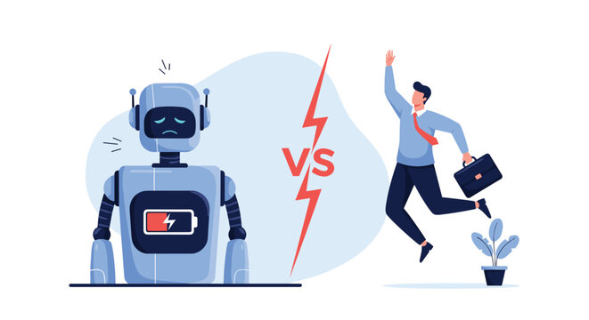 High-energy businessman jumping for joy contrasted with a sad blue robot showing a low battery warning to represent human vitality.