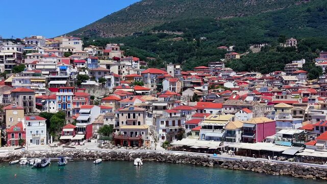 Parga Greek mainland town, aerial view of a mainland coastal town in Greece