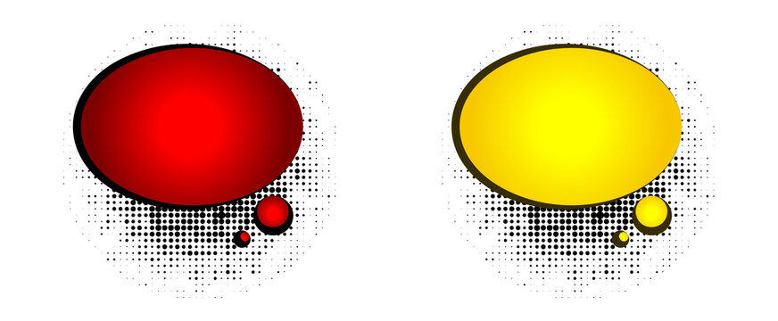 Colorful comic book style speech bubbles in red and yellow on white background with halftone dots pattern  graphic resources transparent background