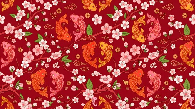 Seamless pattern with koi fish and cherry blossoms on red background