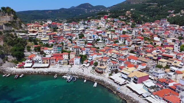 Parga Greek mainland town, aerial view of a mainland coastal town in Greece