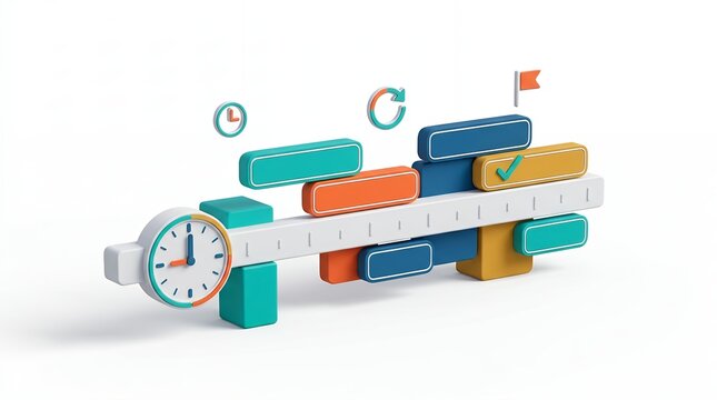 Planning project schedule with 3D clock and colorful task blocks in minimalist style