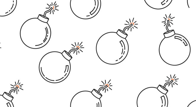 Seamless background pattern featuring simple line art illustrations of round black bombs with burning fuses on a white background.
