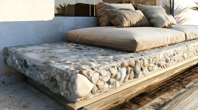 Fine exposed aggregate concrete featuring naturally rounded stone particles beneath warm architectural daylight sophisticated construction material composition with crisp realism