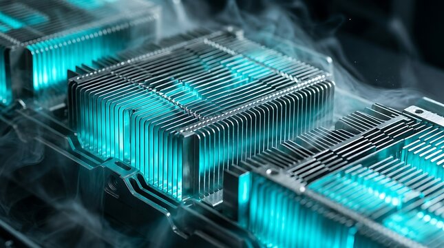 Modern computer cooling system with glowing cyan lights and vapor