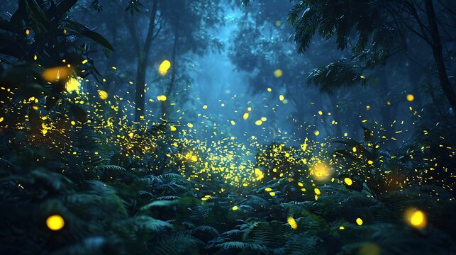 Bright yellow fireflies glowing in the dark forest at night