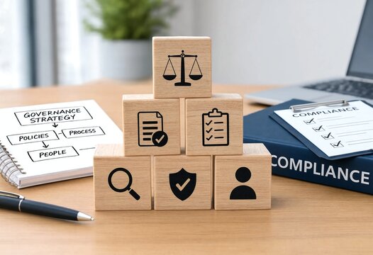 Legal compliance and governance concept with wooden blocks and documents