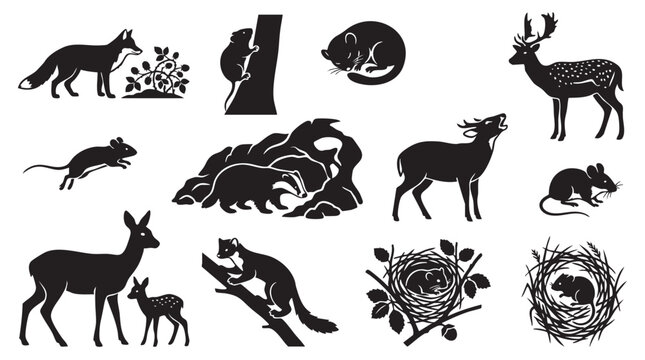 Forest animals silhouettes deer fox badger mouse weasel in natural habitat.