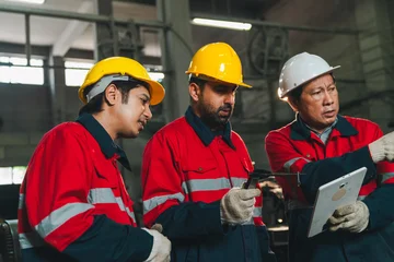 Engineer worker helmet factory clipboard inspection safety teamwork uniform industry group of male worker red uniform and hard hat reviewing clipboard during serious industrial inspection inside © chokniti