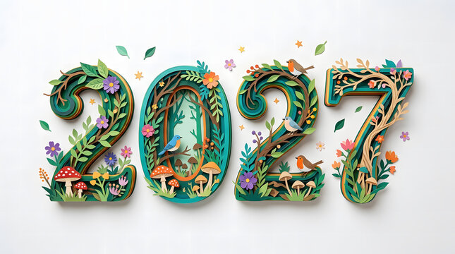 2027 Paper Cut Typography Happy New Year Modern Design 43