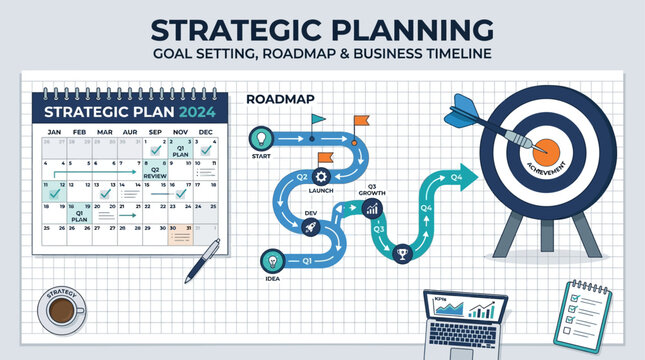A corporate flat design illustration for strategic planning, featuring a calendar, roadmap, and dartboard on a clean, grid-patterned paper background.