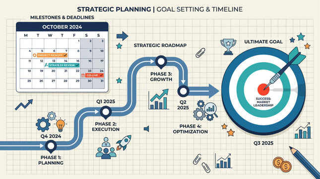 A corporate flat design illustration for strategic planning, featuring a calendar, roadmap, and dartboard on a clean, grid-patterned paper background.