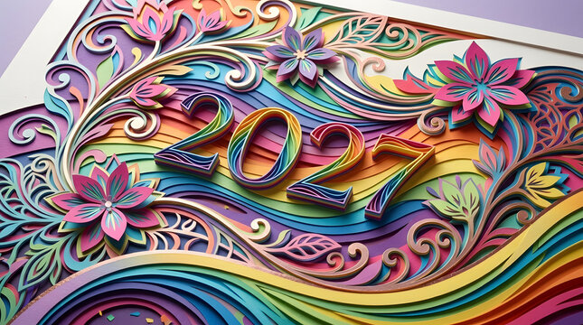 2027 Paper Cut Typography Happy New Year Modern Design 38